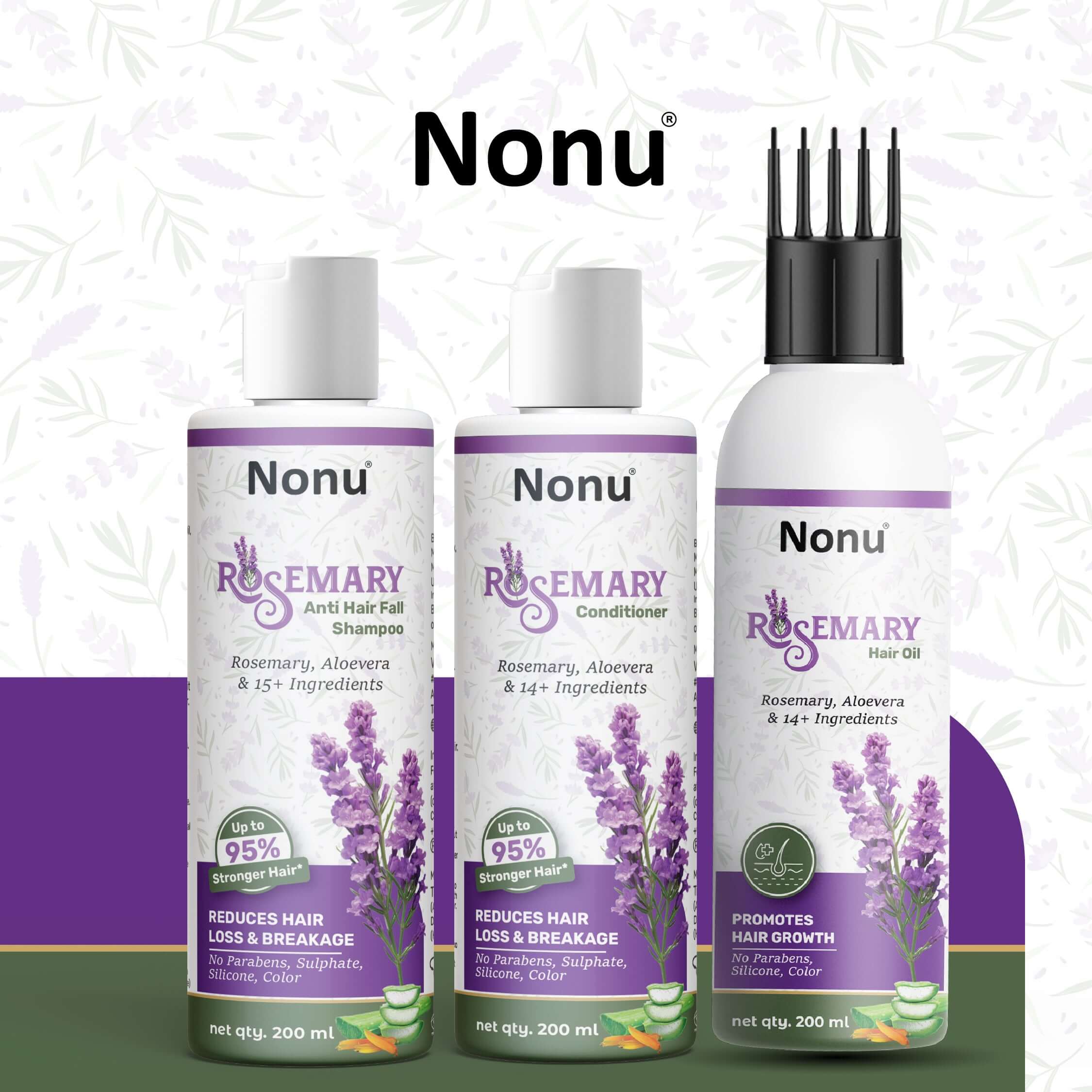 Rosemary Hair Fall Control Kit by Nonu: shampoo, conditioner, and oil for reducing hair loss and strengthening roots.