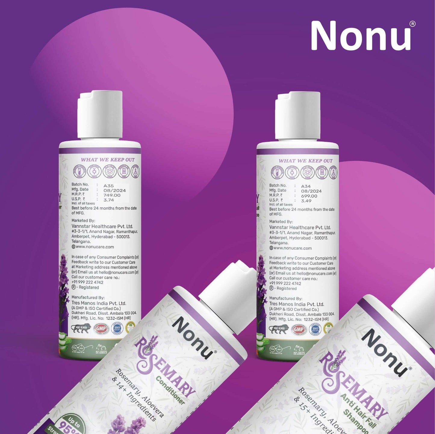Nonu Rosemary Anti Hairfall Shampoo and Conditioner combo for healthier hair growth and reduced hair fall.
