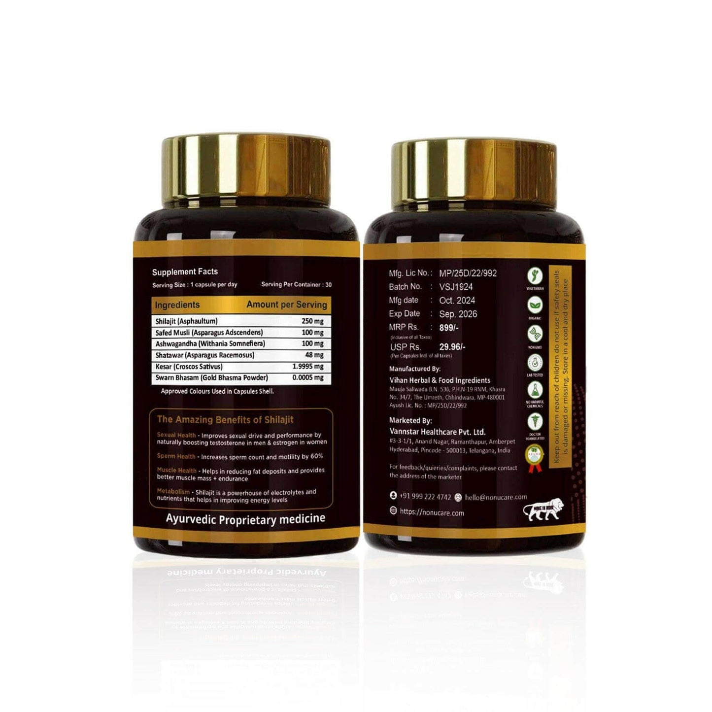 Premium 24K Gold Shilajit supplement facts showcasing ingredients and benefits for muscle growth and vitality.