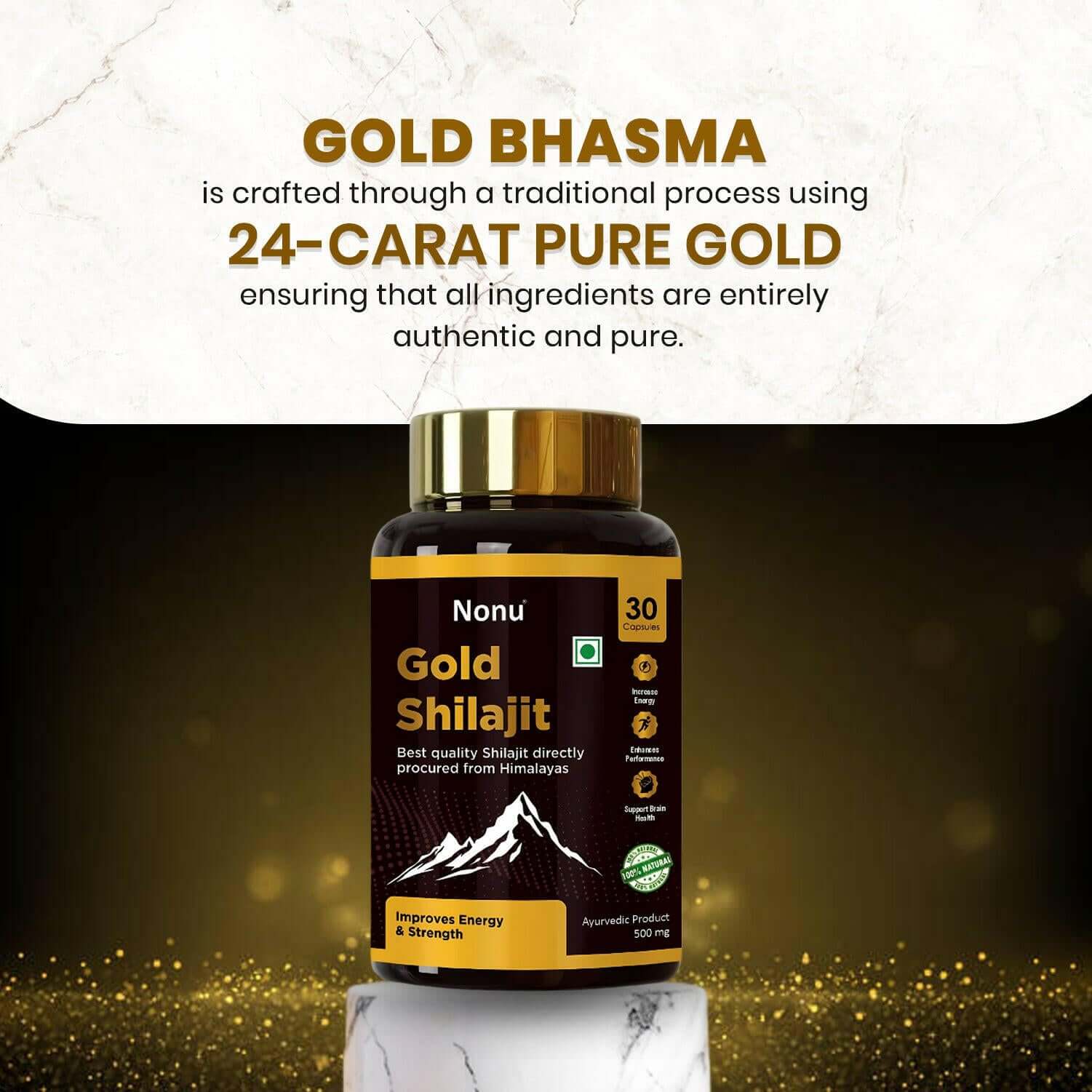 Premium Gold Shilajit bottle highlighting 24K gold authenticity for enhanced energy and strength.