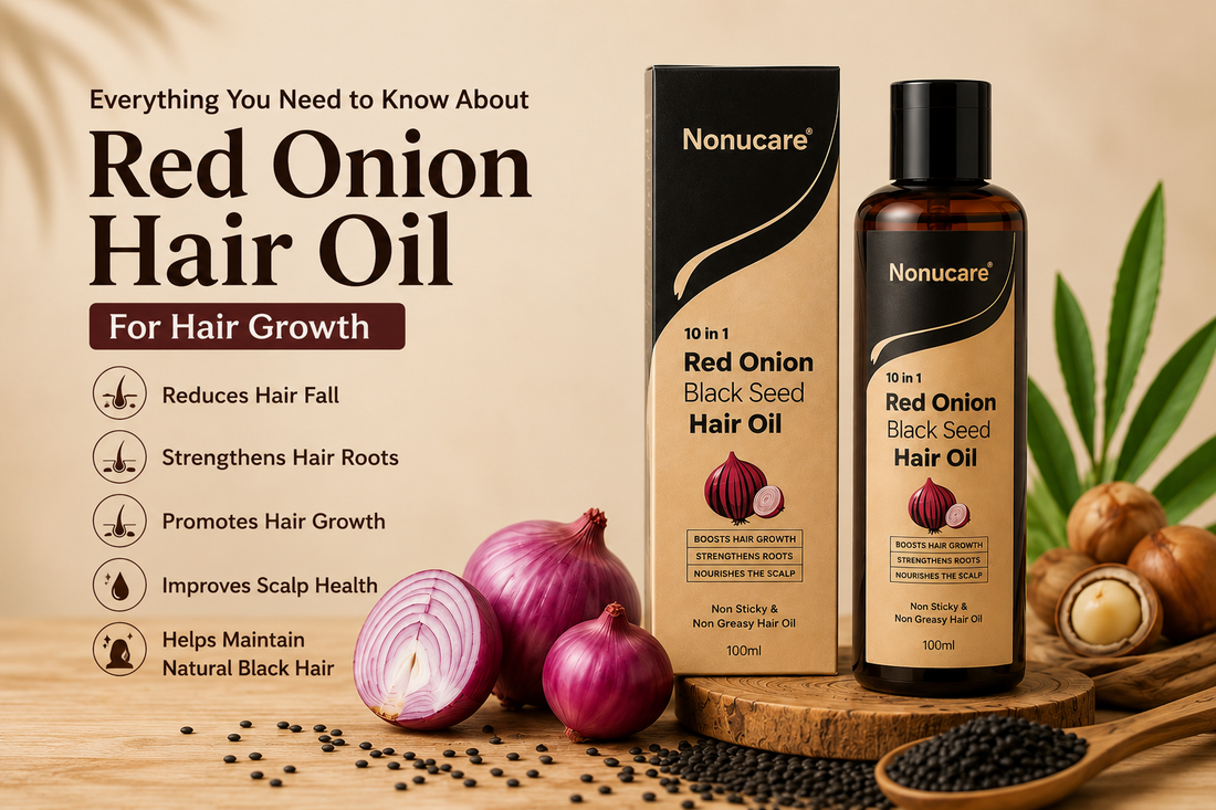 NONU Red Onion Black Seed Hair Oil for stronger roots, reduced hair fall, and healthy hair growth