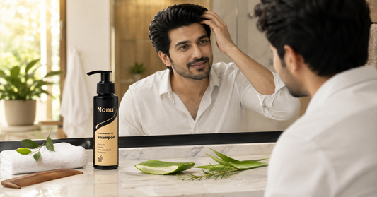 Indian man checking his healthy scalp in a luxury bathroom with Nonu Care Ketoconazole Shampoo for dandruff control and scalp care.