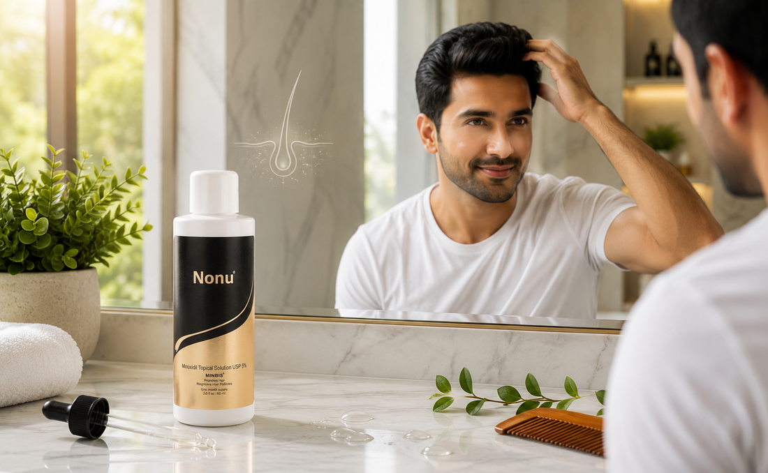 Indian man with thick, healthy hair using Nonu Care Minoxidil 5% Solution in a premium bathroom setting for men's hair regrowth and hair loss treatment.